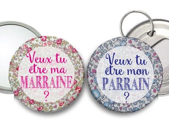 Miroir et décapsuleur demande de parrain et marraine - thème Liberty