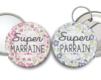 Un miroir Super Marraine liberty rose et un décapsuleur Super Parrain liberty bleu