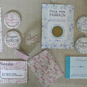Kit cadeaux parrain marraine theme Liberty rose pour la marraine et liberty bleu pour le parrain