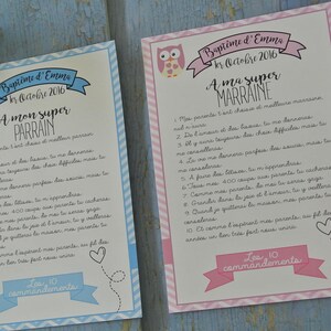 2 Grandes cartas Los 10 mandamientos de la madrina y el padrino - tema de búho rosa y azul