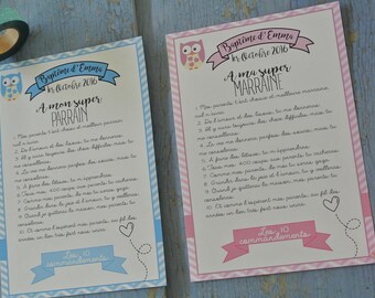 2 Grandes cartes Les 10 commandements de la marraine et du parrain - theme Chouette rose et bleu