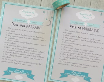 2 Grandes cartes Les 10 commandements de la marraine et du parrain - theme Nuages