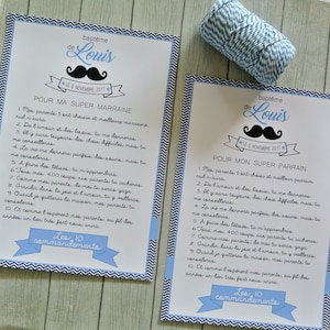 2 Grandes cartes Les 10 commandements de la marraine et du parrain - thème Moustache