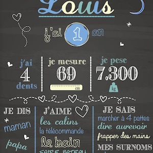 May include: A chalkboard style poster with a blue and white color scheme. The poster says "Louis" and celebrates a child's first birthday. It includes details like age, height, weight, and things the child can do.