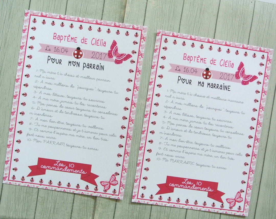 Les 10 commandements du parrain et de la marraine thème papillons et ...