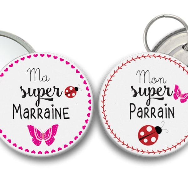 miroir Super Marraine et décapsuleur Super Parrain - thème papillon et coccinelle