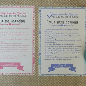 2 Grandes cartes Les 10 commandements de la marraine et du parrain - theme Liberty rose et bleu