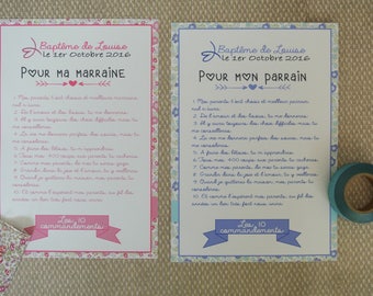 2 Grandes cartes Les 10 commandements de la marraine et du parrain - theme Liberty rose et bleu
