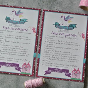 2 grandes cartes les 10 commandements du parrain et de la marraine thème Licorne