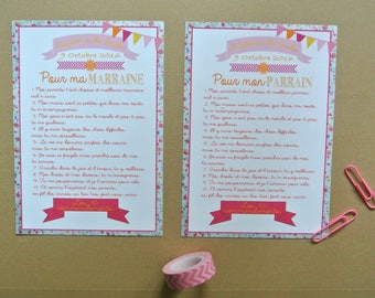 2 large cards 10 commandments godmother and Godfather - themed flags and floral print