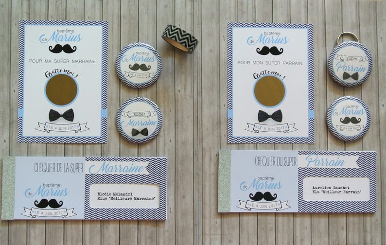 Kit cadeaux parrain marraine thème Moustache - Créateurs ETSY : LittlePopStudioFR