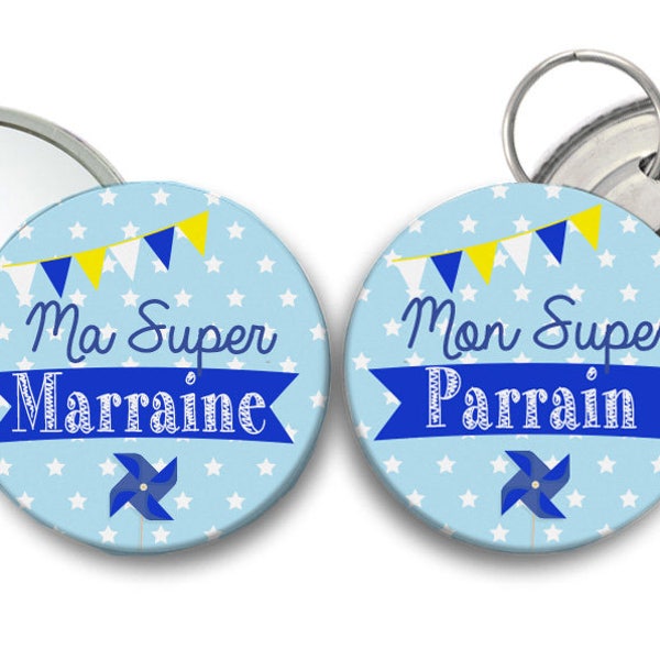 miroir Super Marraine et décapsuleur Super Parrain - thème moulin à vent bleu ciel