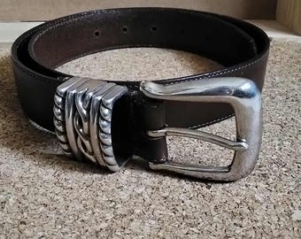 Ceinture vintage en cuir marron Brighton : accents de laiton et d'argent, unisexe M