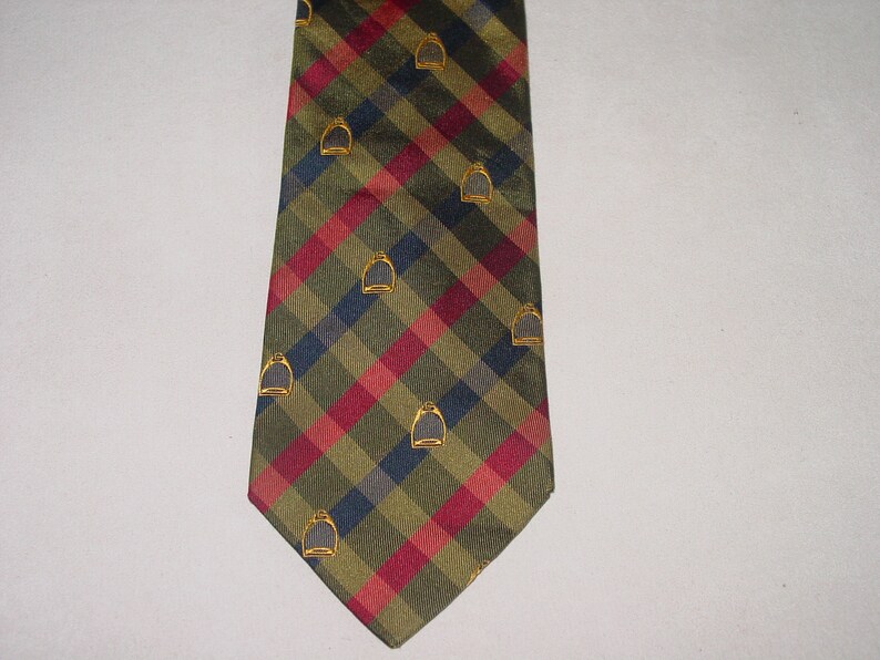Horse Men/'s Tie Equestrian Tie Rare Collectible Beautiful Condition Stirrup Horse Omar Sharif Paris Silk Necktie Olive Horse Fashion