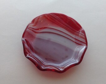 Fused Glass 5.5" Ruffled Dish - Red and White Swirl
