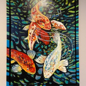 Original Koi Fish Oil Painting: Framed Modern Wall Art (18x24)