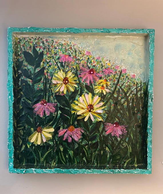 オリジナルの花のミックスメディア絵画：テクスチャのある抽象的な