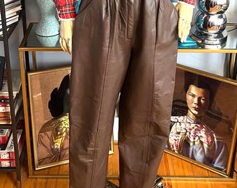 Vintage 80s Brown Leather Pants: High Waist Tapered Leg