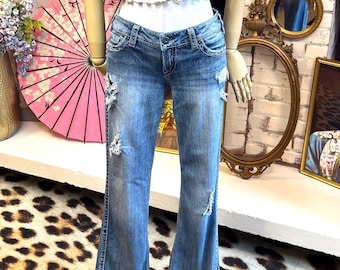 Y2K Low Rise Distressed Bootcut Jeans: Silver Brand Size S Stretch Denim