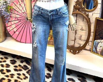 Y2K Low Rise Distressed Bootcut Jeans: Silver Brand Size S Stretch Denim