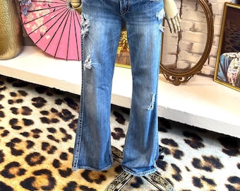 Y2K Low Rise Distressed Bootcut Jeans: Silver Brand Size S Stretch Denim