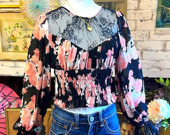 Free People black floral blouse with tags:  lace and sheer blouse