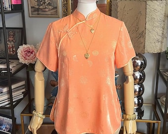 Vintage peach cheongsam blouse: rayon asian top M hand made