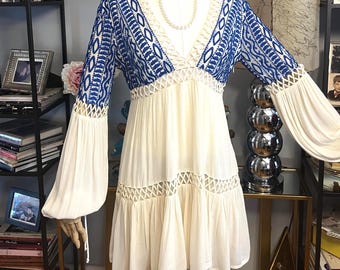 Free People Boho Mini Dress: Crochet & Embroidered Cotton