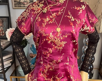 Burgundy satin Cheongsam top: asian blouse cherry blossom motif