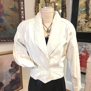 Vintage 80s White Leather Jacket: Quilted Shoulders, Rocker Style