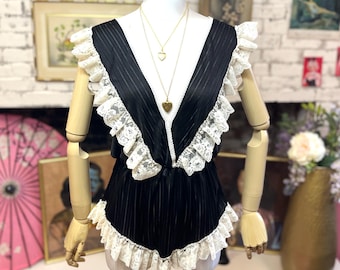 Vintage Ruffled Lace Romper: Black White Lingerie Playsuit