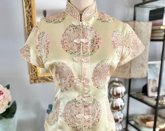 Vintage Gold Satin Asian Shirt: Short Sleeve Jacket