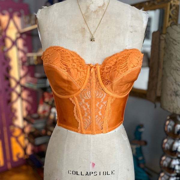 VINTAGE DYED BUSTIER/vintage bustier/low back 50's bustier/strapless corset/vintage corset/hand dyed vintage corset/orange bustier/fab208nyc
