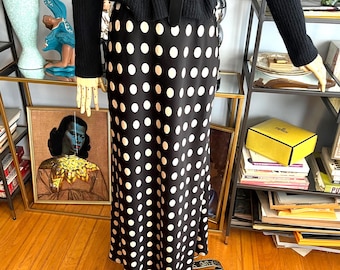 Polka Dot Satin Maxi Skirt: Black & White Bias Cut
