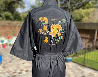 VINTAGE DRAGON KIMONO/black kimono robe/dragon embroidery robe/chinese dragon robe/orange green embroidery/fab208nyc/fab208/vintage kimono