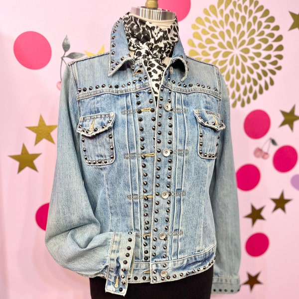 STUDDED DENIM JACKET/faded denim jacket/faded denim with black studs/vintage studded denim jacket/fab208nyc/fab208/ladies stud denim jacket