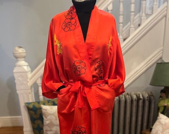VINTAGE SILK KIMONO/red embroidered kimono/cherry blossom print kimono/vintage red kimono/fab208nyc/recycled kimono/long red silk kimono