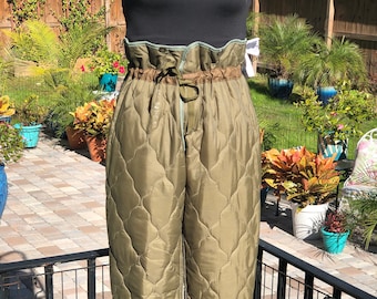 QUILTED PANTS/green quilted pants/military pant liners/Hungarian military pants/vintage nylon military pants/olive drab/fab208nyc/fab208