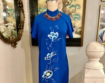 VINTAGE CHEONGSAM DRESS, blue embroidered dress, asian style dress, vintage dress, vintage asian dress, 70s dress, fab208nyc, 80s 90s dress