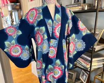 Vintage Japanese Cotton Yukata Kimono: Blue & Pink Floral Print