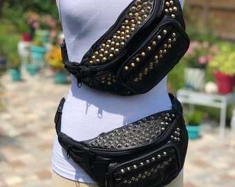 LARGE STUDDED FANNY pack/vintage leather fanny pack/fab208nyc/fab208/studded bag/cross body bag/vintage bag/hand studded/recycled fanny pack