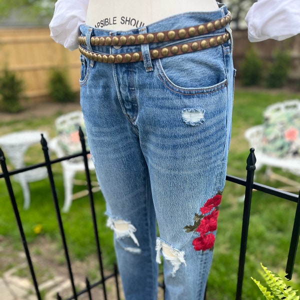 VINTAGE EMBROIDERED 501, vintage jeans, ladies 501, ladies ripped jeans, rose embroidered jeans, torn jeans, ripped jeans, levis, fab208nyc