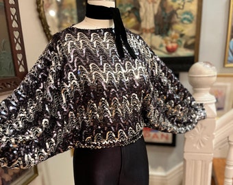Vintage 80s Sequin Batwing Top: Black & Silver Disco Blouse