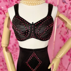 Rhinestoned bra, 34C ,upcycled vintage bra, pink rhinestone bra, black bra, 80s lingerie, 80s club bra, pink rhinestones, fab208nyc, 80s bra