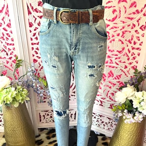 Vintage ripped jeans, 32x32, Smoke Rise jeans, trashed jeans, ripped jeans, torn denim, patched jeans, unisex jeans, skinny jean ,fab208nyc
