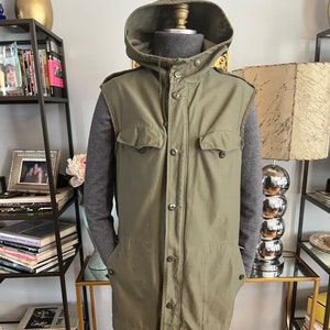 Vintage German Military Sleeveless Jacket: Hooded Olive Green Vest