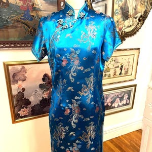 Vintage Turquoise Satin Cheongsam Dress: Dragon Print, Plus Size
