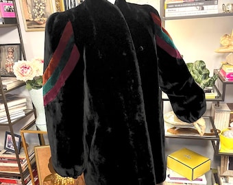 80s Sasson fake fur coat: black faux fur rainbow stripes