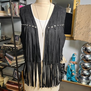 Vintage ultra suede vest, black fringe vest, faux suede fringe, studded fringe vest, studded vest, black fringe bolero, fab208nyc, western