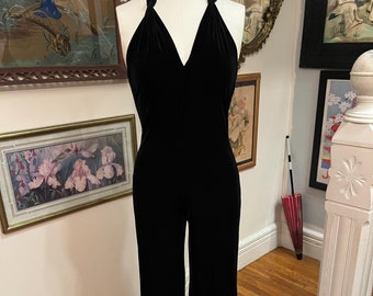 90s Velvet Halter Jumpsuit: Low Back Wide Leg